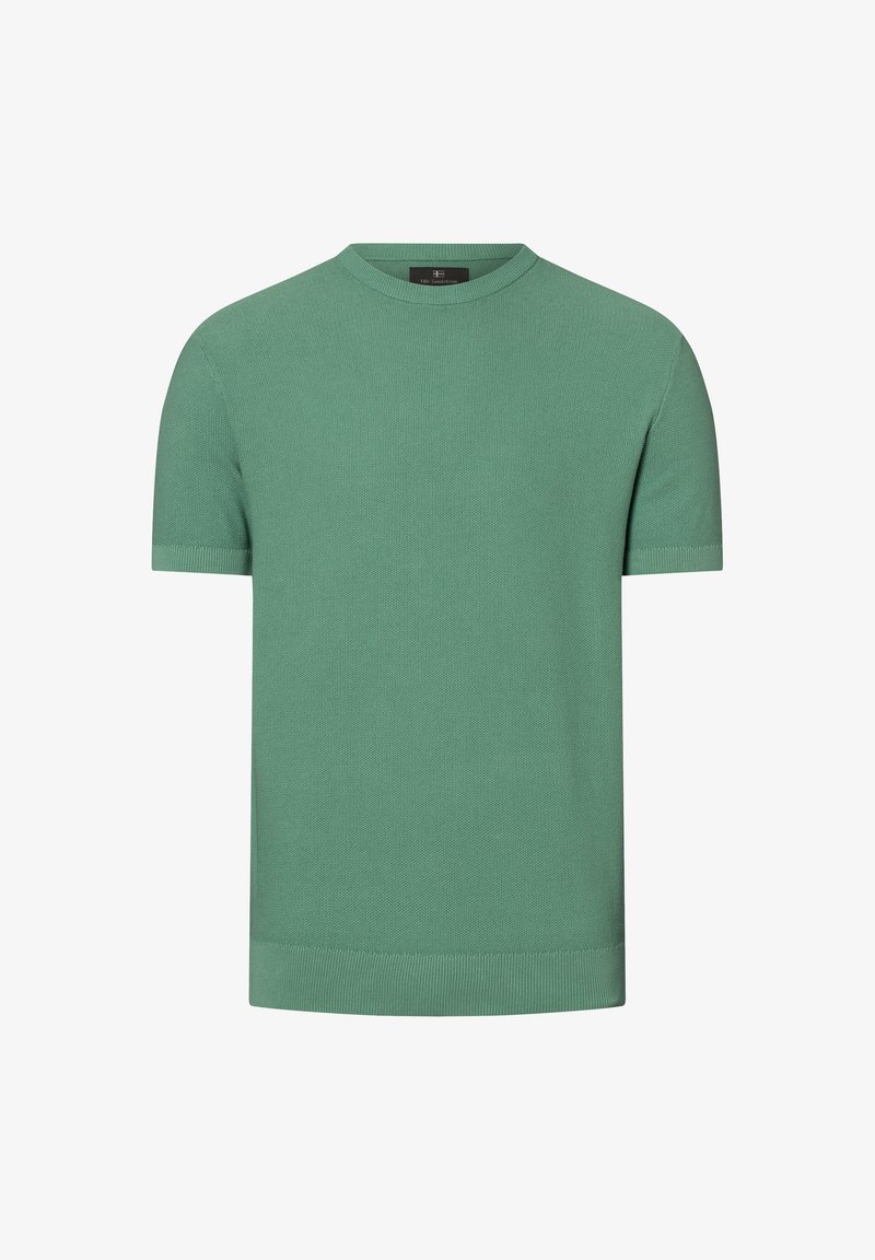 Grüner kurzärmeliger Strickpullover mit Rundhalsausschnitt, strukturierter Oberfläche und gerippten Bündchen und Saum. Aus weichem, atmungsaktivem Material hergestellt.