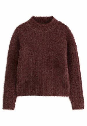 Pull bordeaux à manches longues, doux et duveteux, avec un col montant et un motif en côte tricoté sur le col, les poignets et l'ourlet.
