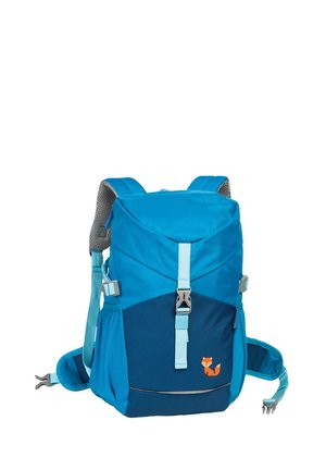 Blauwe en turquoise kinder rugzak met voorste gesp, zijvakken van gaas, gewatteerde banden en klein oranje vosje logo op het voorvak.
