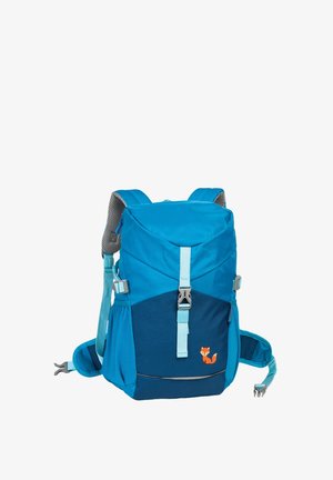 Blauer und türkisfarbener Kinder-Rucksack mit vorderem Schnallenverschluss, seitlichen Netzfächern, gepolsterten Trägern und kleinem orangefarbenem Fuchsemblem auf der Vorderseite.