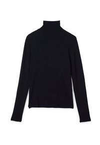 Pull à col roulé noir en tissu tricoté doux. Comprend des manches longues, une coupe ajustée et un col haut. Texture lisse sans motifs.