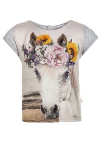 Krátký rukáv top s grafikou hlavy koně a květinovými akcenty, tištěný na světlém pozadí. Šedé detaily na rukávech.