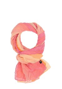 Sciarpa leggera con sfumature di rosa e pesca in una texture arricciata. Design circolare con un dettaglio del marchio discreto.
