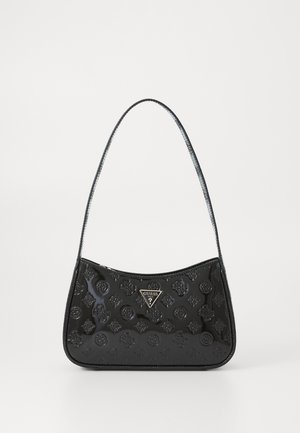 Black patent leather handbag with embossed floral patterns, rounded shape, and a single shoulder strap. Features a logo plaque on front.