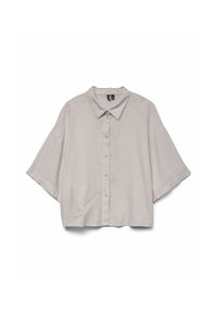 Chemise à manches courtes, col, en lin gris clair avec un bouton sur le devant. Présente une coupe ample et un ourlet légèrement courbé.