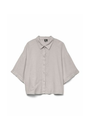 Chemise à manches courtes, col, en lin gris clair avec un bouton sur le devant. Présente une coupe ample et un ourlet légèrement courbé.