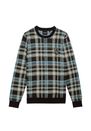 Sweater mit einem schwarzen, grauen und blauen Karomuster, mit einem gerippten schwarzen Rundhalsausschnitt und Bündchen. Mit gesticktem Logodetail auf der Brust.