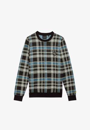 Sweater mit einem schwarzen, grauen und blauen Karomuster, mit einem gerippten schwarzen Rundhalsausschnitt und Bündchen. Mit gesticktem Logodetail auf der Brust.