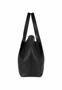 Zwarte leren handtas met een slungelige vorm, gladde textuur en twee platte handvatten. De bodem van de tas is breed en loopt taps toe naar de bovenkant.