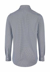Lange mouwen shirt in grijs met een klein ruitpatroon. Kenmerkt zich door een klassieke kraag, knoopmanchetten en een gebogen zoomontwerp.