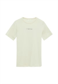 Licht beige T-shirt met korte mouwen, gemaakt van zachte katoen. Heeft een ronde hals en subtiele tekstdetails aan de voorkant. Soepele textuur.