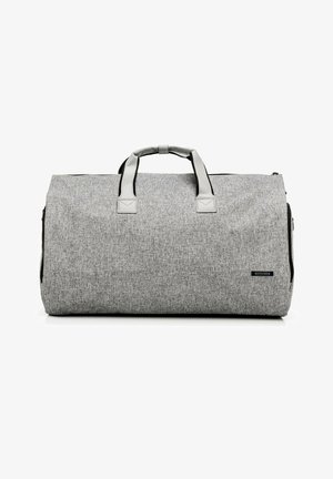 Graue Reisetasche aus strukturiertem Gewebe, schwarzer Reißverschluss und graue Ledergriffe. Enthält ein dezentes Markenlogo-Etikett.