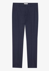 Pantalons à carreaux navy en tissu texturé, avec une coupe droite, des passants de ceinture et une finition soignée à l'ourlet.