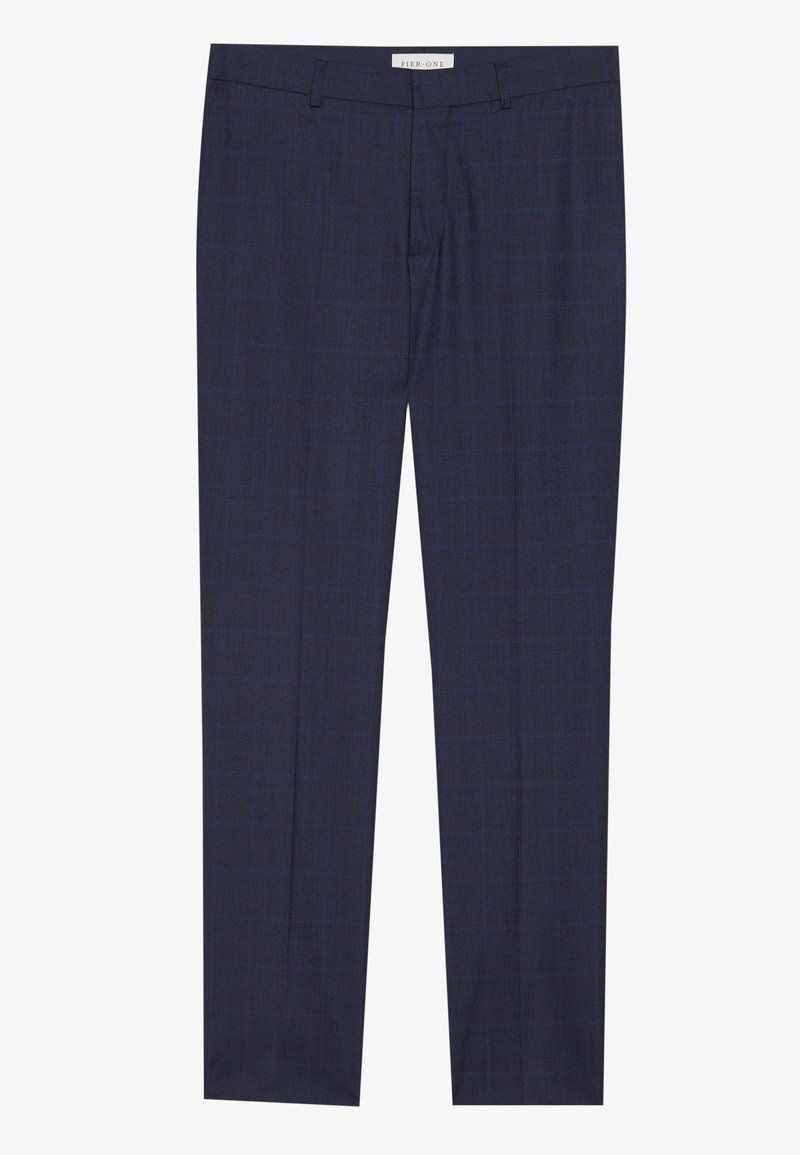 Pantalons à carreaux navy en tissu texturé, avec une coupe droite, des passants de ceinture et une finition soignée à l'ourlet.