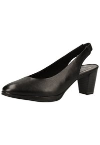 Pompe slingback en cuir noir avec un bout pointu et un talon épais solide.