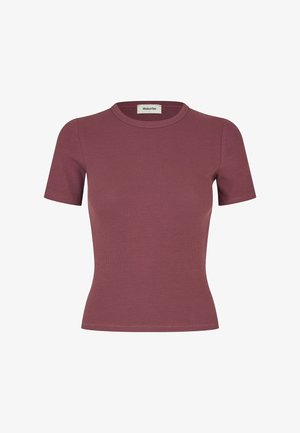 Kortærmet, tætsiddende ribstrikket top i afdæmpet mauve med rund halsudskæring og synligt Modström-mærke inde i kraven.