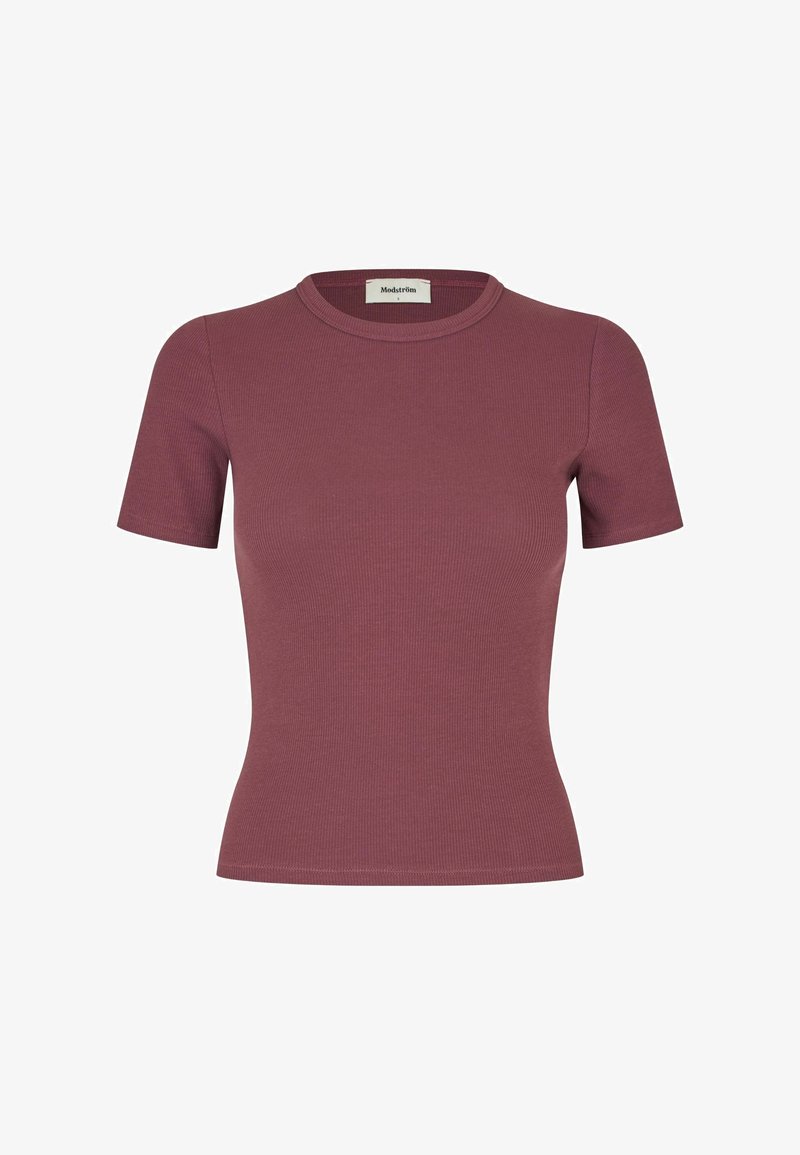 Kortærmet, tætsiddende ribstrikket top i afdæmpet mauve med rund halsudskæring og synligt Modström-mærke inde i kraven.