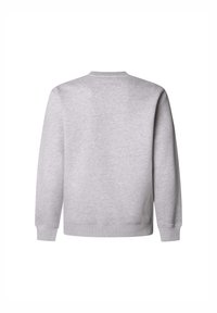Sudadera gris claro, de cuello redondo, con mangas largas. Fabricada en un tejido suave, con ribetes en los puños y el dobladillo. Diseño liso, sin estampados.