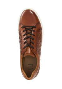 Brown leather sneaker with woven side detail, black laces, rounded toe, and white rubber sole. Soft texture and subtle branding inside.