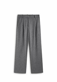 Pantalons gris à jambes larges en tissu texturé. Les caractéristiques comprennent des plis, des poches latérales et une taille ajustée pour un look structuré.