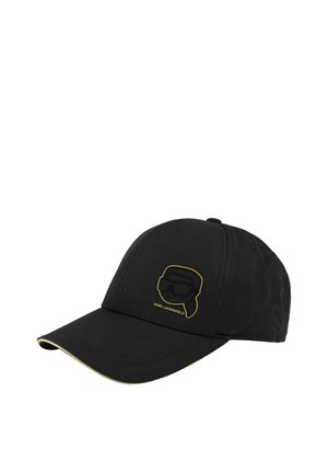 Zwarte baseballpet met gouden contourlogo van een gestileerd gezicht met zonnebril en de tekst "KARL LAGERFELD" op het voorpaneel.