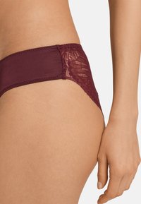 Slip in pizzo e tessuto bordeaux con una texture liscia, caratterizzato da un pannello decorativo in pizzo sul lato, che mostra un design e una vestibilità senza cuciture.