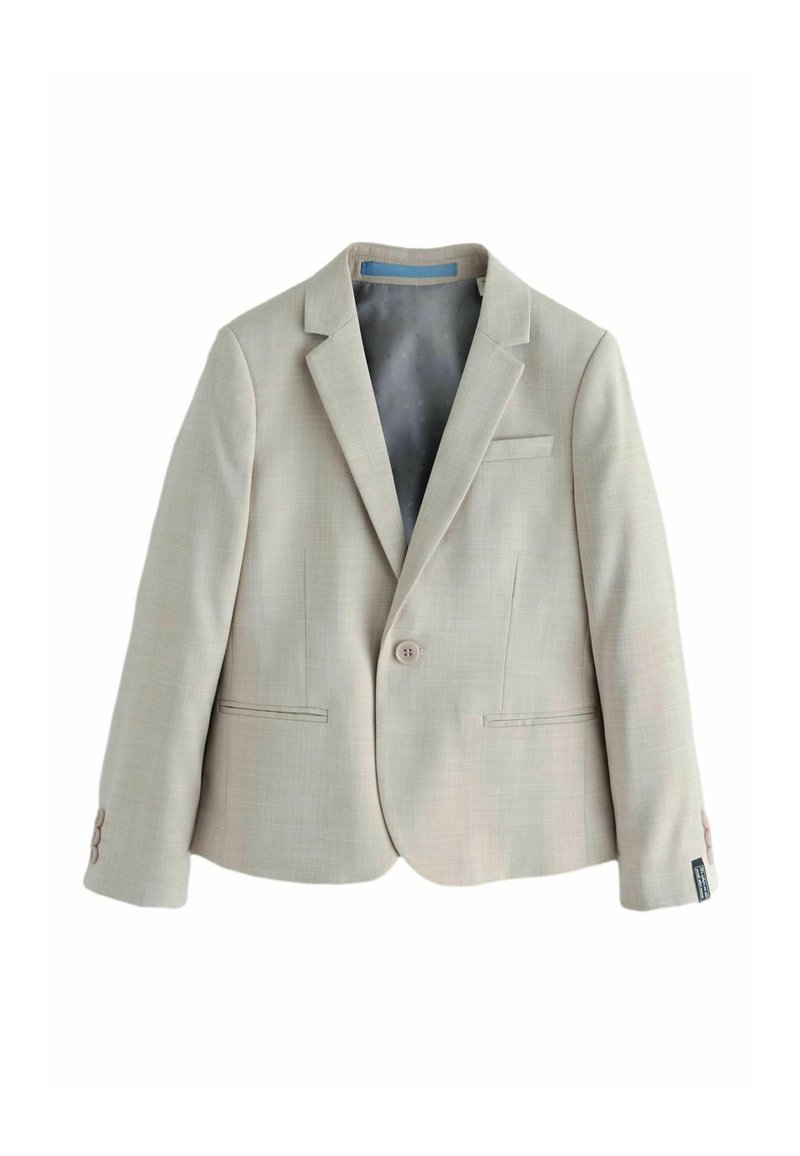 Hellbeiger, taillierter Blazer mit einem Knopfverschluss, eingeschnittenem Revers, zwei Fronttaschen und strukturiertem Stoff. Gefüttert mit hellgrauem Muster.