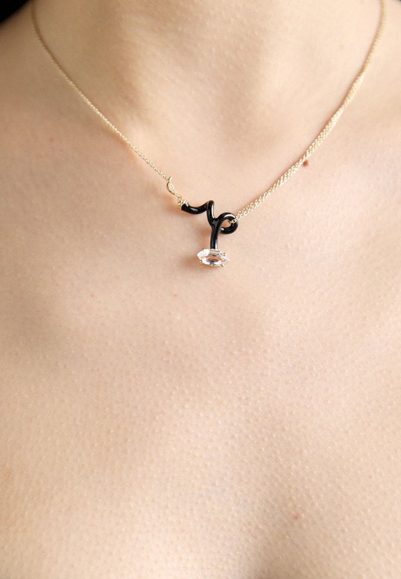 Colier din aur cu un accent curbat negru și un pandantiv oval transparent. Textură netedă și design minimalist.