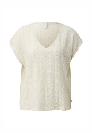 Haut en maille crème à manches courtes avec encolure en V et motif floral en maille torsadée, doté d'une coupe ample et d'une petite étiquette de marque à l'ourlet.