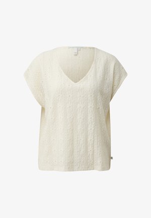 Haut en maille crème à manches courtes avec encolure en V et motif floral en maille torsadée, doté d'une coupe ample et d'une petite étiquette de marque à l'ourlet.