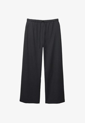 Svarta, vida byxor med elastisk midjeband och dragsko. Tillverkade av vävt tyg med en slät yta. Inga fickor.