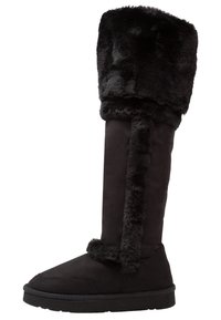 Svarta knähöga stövlar med en fuskpälskant och foder, med en slät yta och platt sula, som erbjuder en stilren design och en texturerad detalj.