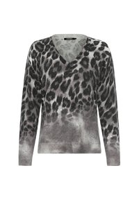 Grauer Leopardenmuster-Pullover mit V-Ausschnitt, langen Ärmeln und weicher Textur, der ein Farbverlaufsdesign von dunkelgrau zu hellgrau aufweist.