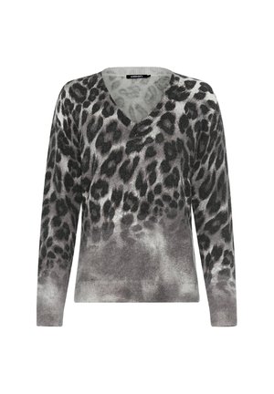 Pull en imprimé léopard gris avec un col en V, des manches longues et une texture douce, présentant un dégradé allant du gris foncé au gris clair.