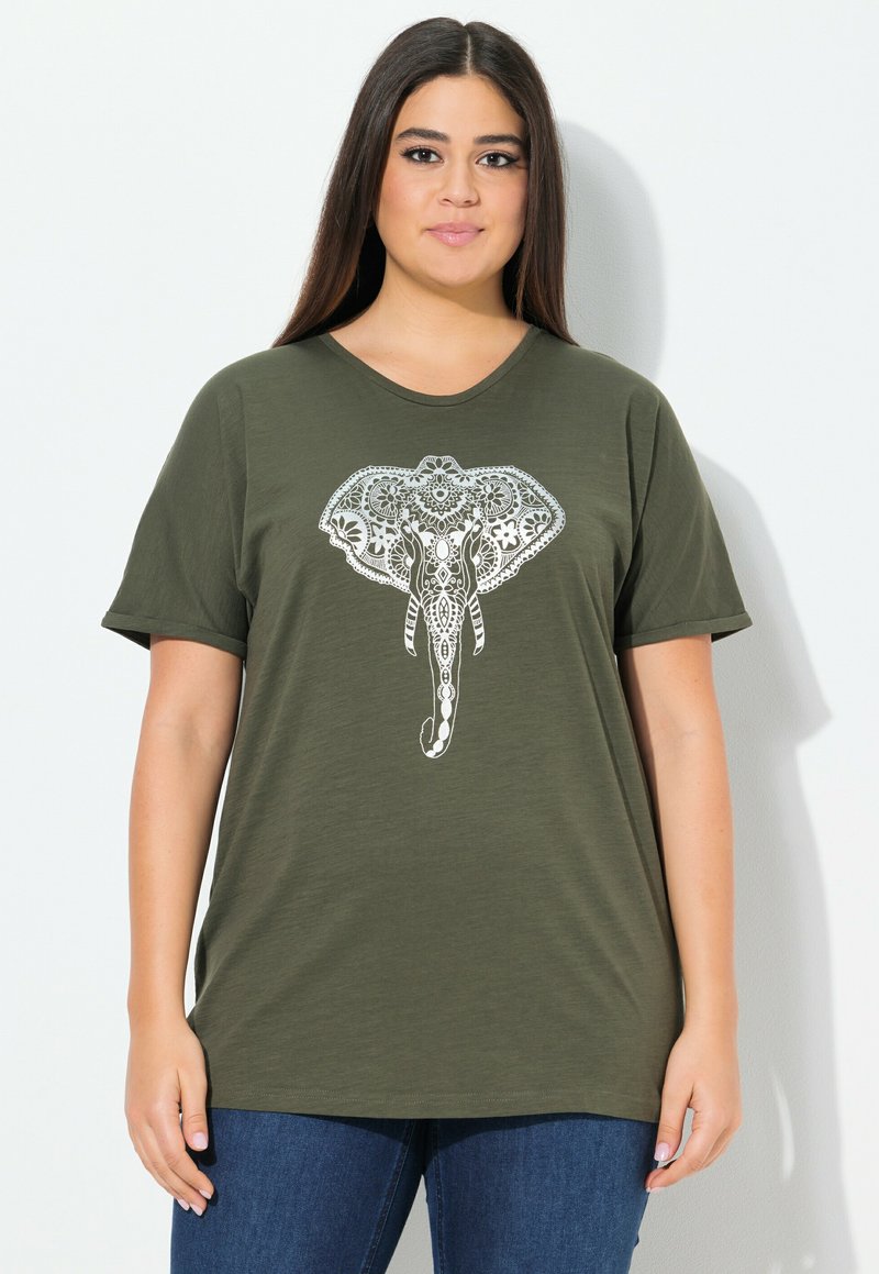 Ulla Popken MANDALA ANIMAL MOTIF SHORT SLEEVE - T-Shirt print - olive gray