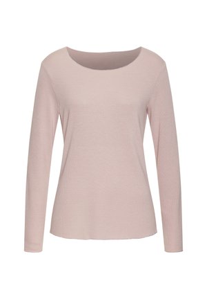 Helles rosa Langarmoberteil mit rundem Ausschnitt, weichem Material und geradem Schnitt. Der Stoff hat ein dezentes Rippmuster.