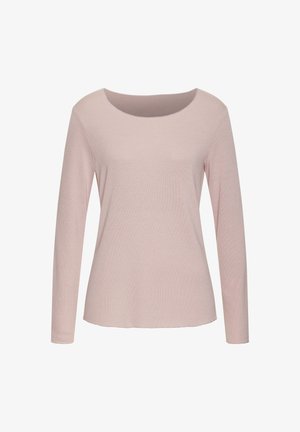 Helles rosa Langarmoberteil mit rundem Ausschnitt, weichem Material und geradem Schnitt. Der Stoff hat ein dezentes Rippmuster.
