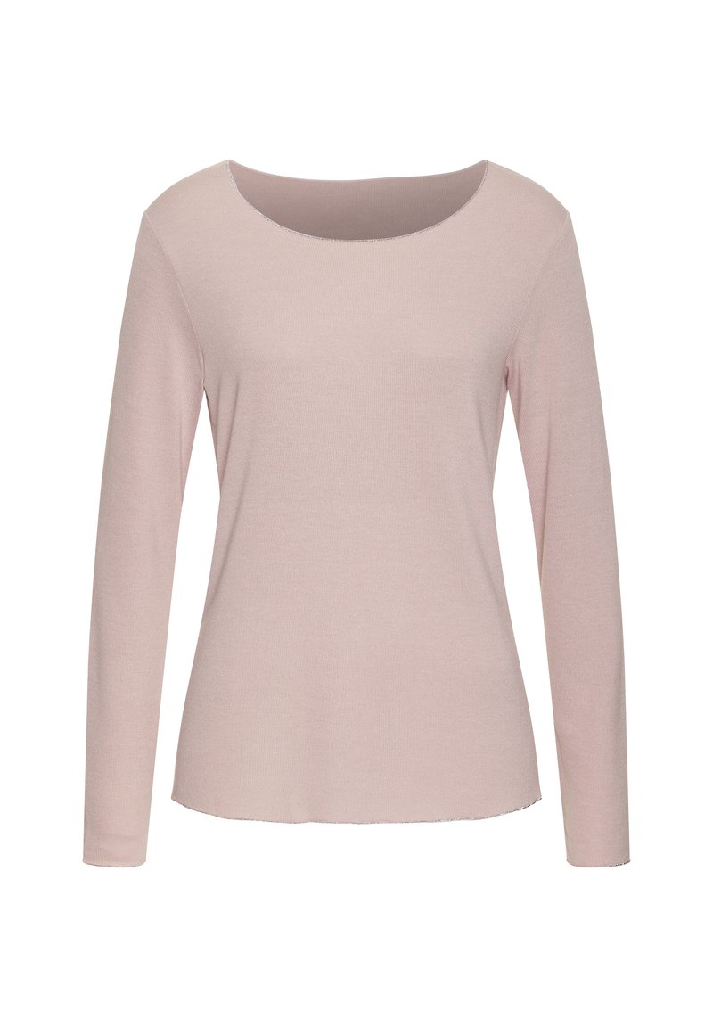 Helles rosa Langarmoberteil mit rundem Ausschnitt, weichem Material und geradem Schnitt. Der Stoff hat ein dezentes Rippmuster.