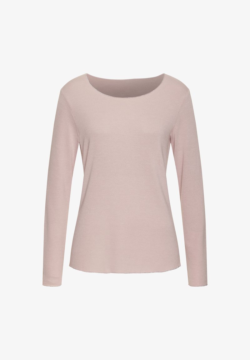 Helles rosa Langarmoberteil mit rundem Ausschnitt, weichem Material und geradem Schnitt. Der Stoff hat ein dezentes Rippmuster.