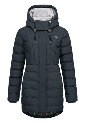 Padded dark grey winter coat with a high collar, adjustable hood, and front pockets. Features a floral-patterned inner lining and drawstrings.