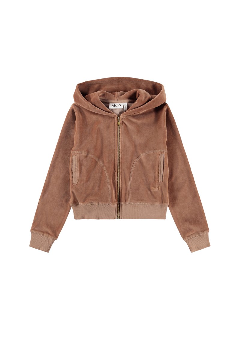 Brun, glidelås hettegenser laget av mykt stoff. Har en stor hette, to frontlommer, ribbestrikkede mansjetter og kant. Merkenavnet "Molo" er synlig.