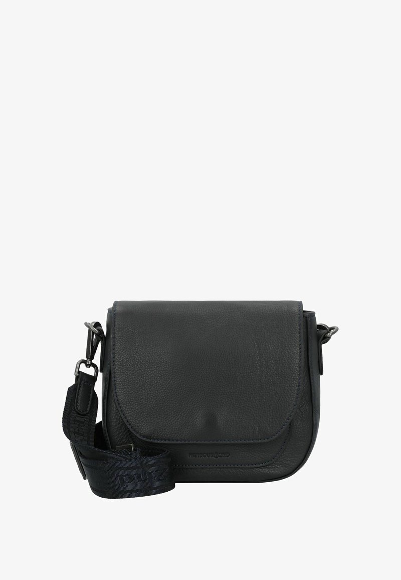 Borsa a tracolla in pelle nera con patta curva, cuciture a contrasto e tracolla rimovibile con logo. Design compatto per l'uso quotidiano.