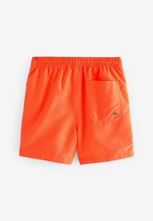 Orange swim shorts with an elastic waistband, featuring a back pocket and smooth, shiny texture. Simple, solid color design.