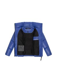 Blå puffjacka med en glänsande yta, svart innerfoder, dragkedjestängning och flera innerfickor för förvaring.