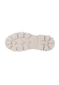 Suola di stivali in gomma bianca con profondi battistrada e scanalature di aderenza; presenta un design piatto e una superficie liscia, con indicazione per la taglia 40.