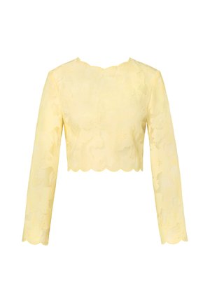 Gul langermet croptop med blomstermønster i blonder og bølgete kanter på halsringning, kant og mansjetter.