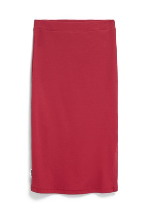 Red, knee-length pencil skirt made of smooth fabric. Features a solid color with a clean, fitted design and a discreet brand tag at the hem.