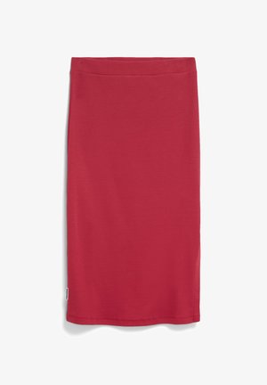 Rote, knielange Bleistiftrock aus glattem Stoff. Verfügt über eine einheitliche Farbe mit einem klaren, taillierten Design und einem dezenten Markenetikett am Saum.