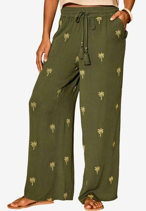 Pantaloni larghi verdi realizzati in tessuto leggero, con ricami di palme in oro, dotati di vita elastica e dettaglio con cordoncino.