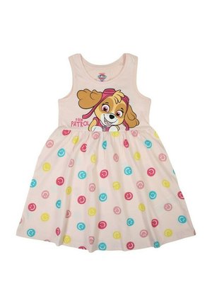 Robe sans manches rose pour tout-petit avec un motif de chien souriant de La Pat' Patrouille sur le devant et des pois multicolores souriants sur la jupe.